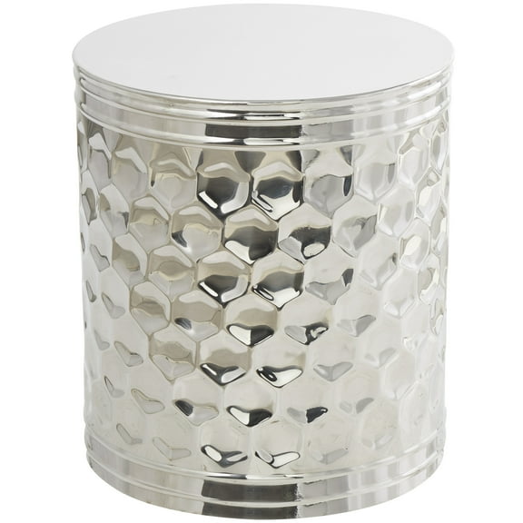 DecMode 16" x 18" Silver Stainless Steel Drum Geometric Accent Table with Hexagon Patterned Exterior, 1-Piece