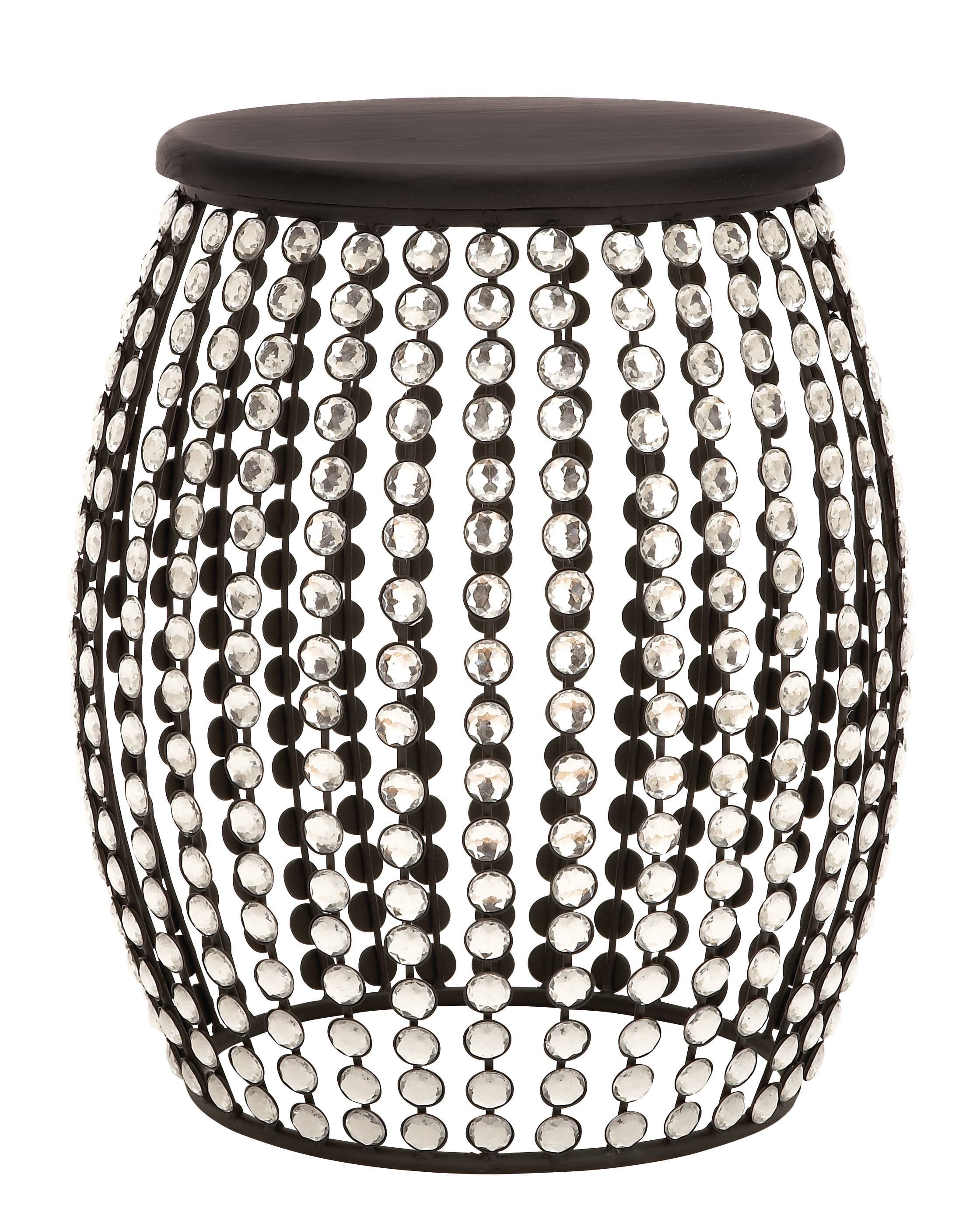 Glam Black Iron and Wood Round Accent Table with Crystal Embellishments