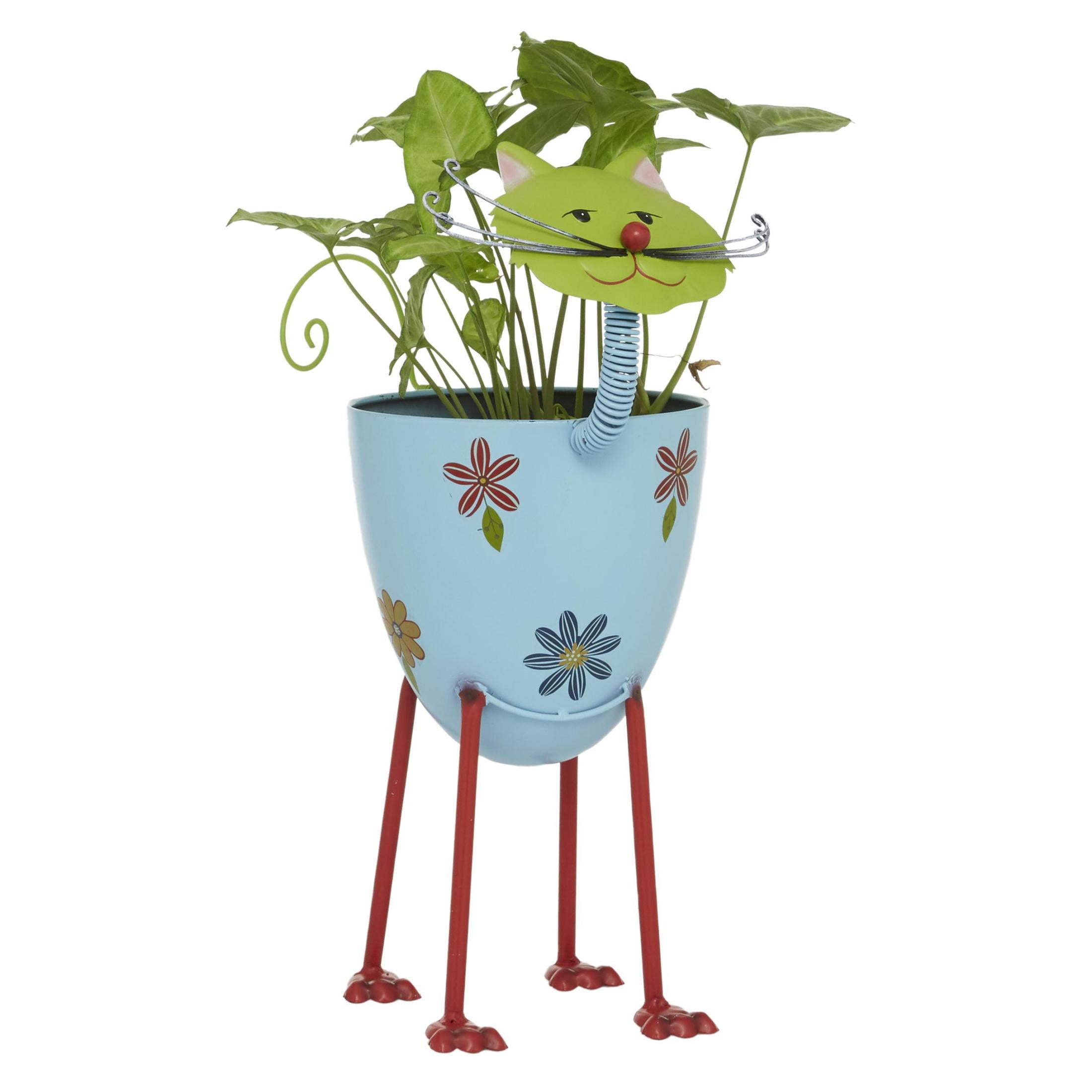 DecMode Blue Metal Cat Indoor Outdoor Planter with Flower Pattern, 16" x 8" x 19"