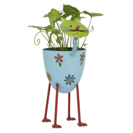 DecMode Blue Metal Cat Indoor Outdoor Planter with Flower Pattern, 16" x 8" x 19"