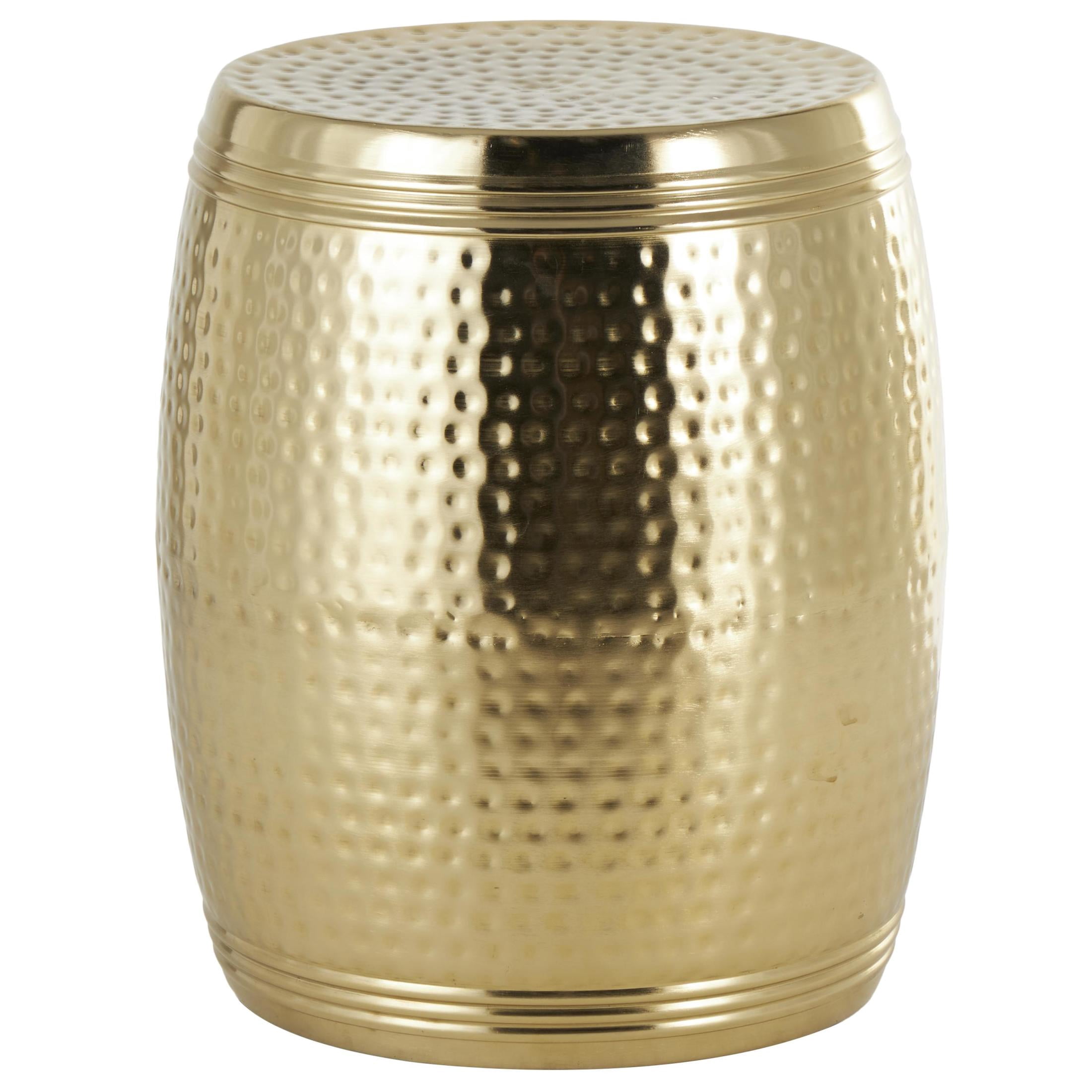 DecMode 16" x 19" Gold Metal Handmade Drum Accent Table with Hammered Design, 1-Piece