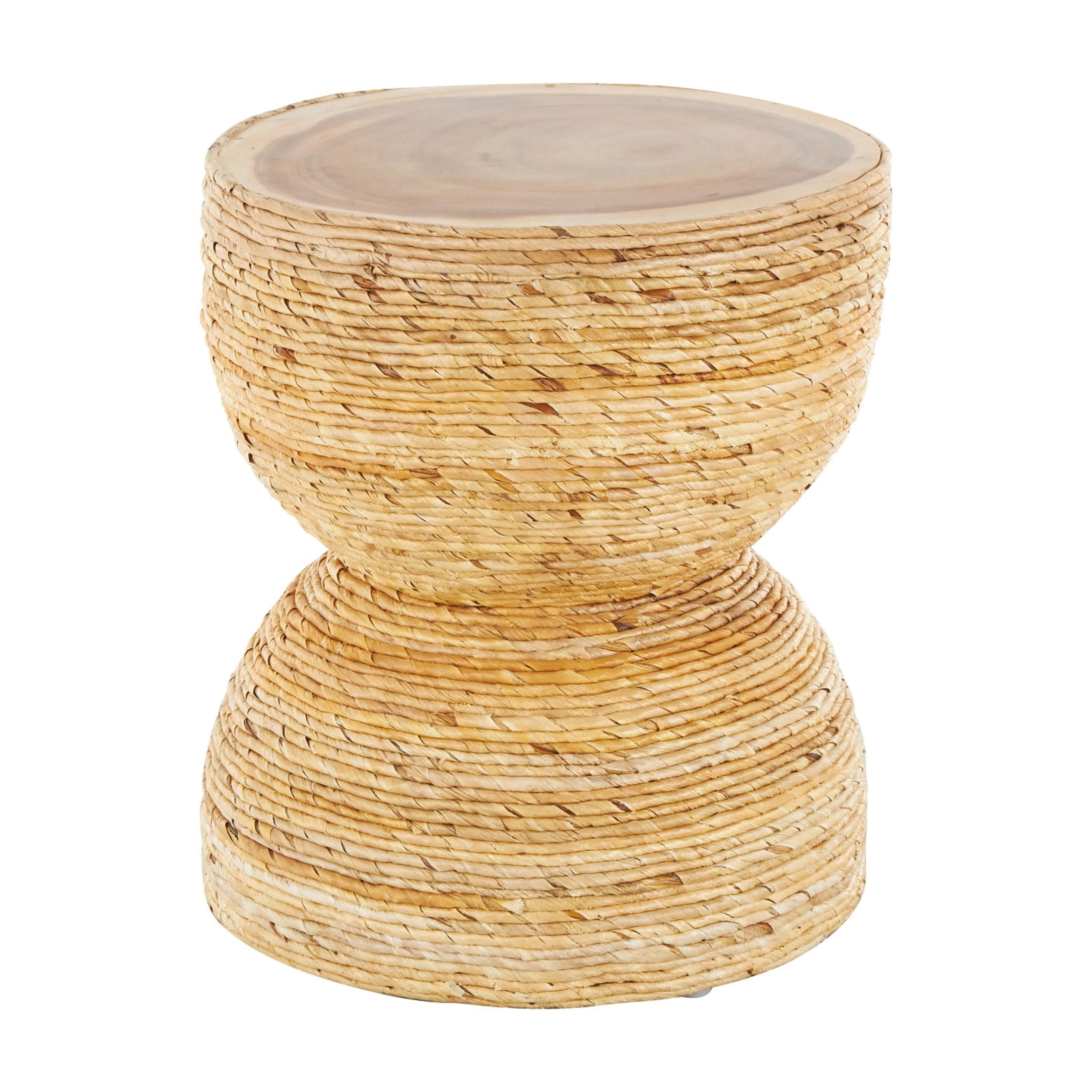 DecMode 16" x 19" Light Brown Banana Leaf Handmade Woven Accent Table with Wooden Tabletop, 1-Piece
