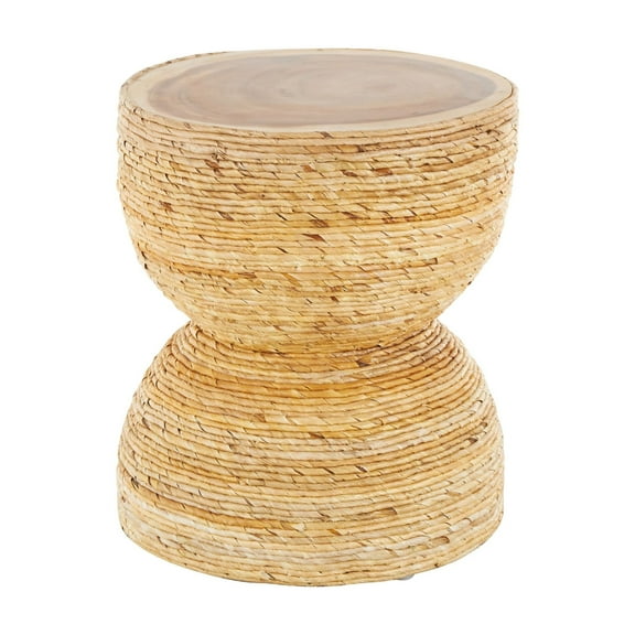 DecMode 16" x 19" Light Brown Banana Leaf Handmade Woven Accent Table with Wooden Tabletop, 1-Piece