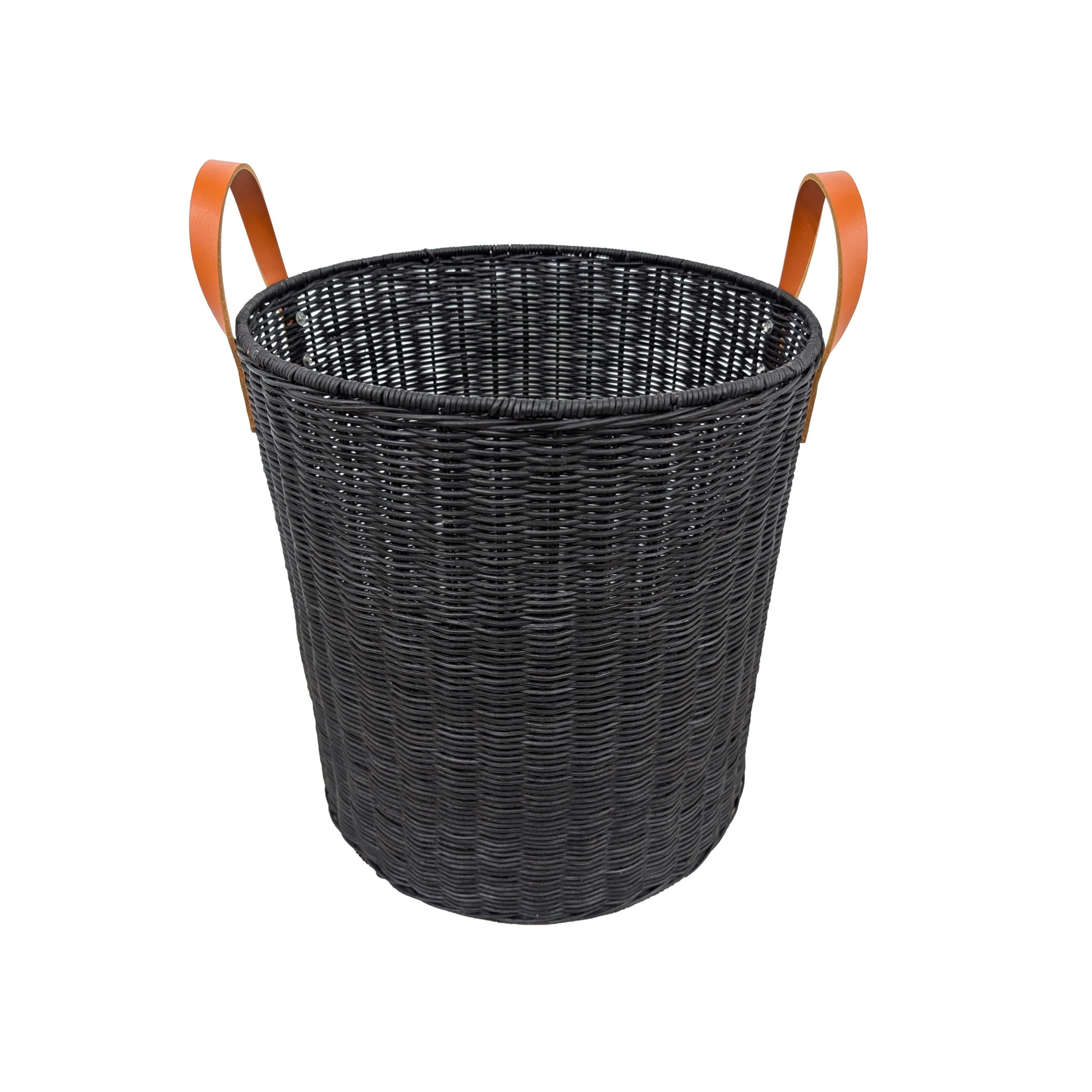 DecMode 16" x 20" Black Rattan Handmade Woven Storage Basket with Brown Leather Handles, 1-Piece