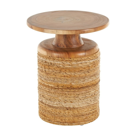 DecMode 16" x 20" Brown Banana Leaf Handmade Woven Accent Table with Wooden Tabletop, 1-Piece