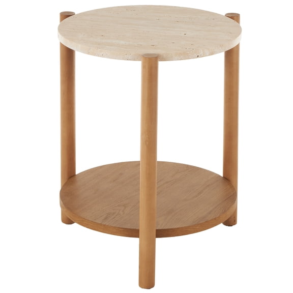 DecMode 16" x 20" Brown Wood Handmade Round Accent Table with Beige Round Marble Top, 1-Piece