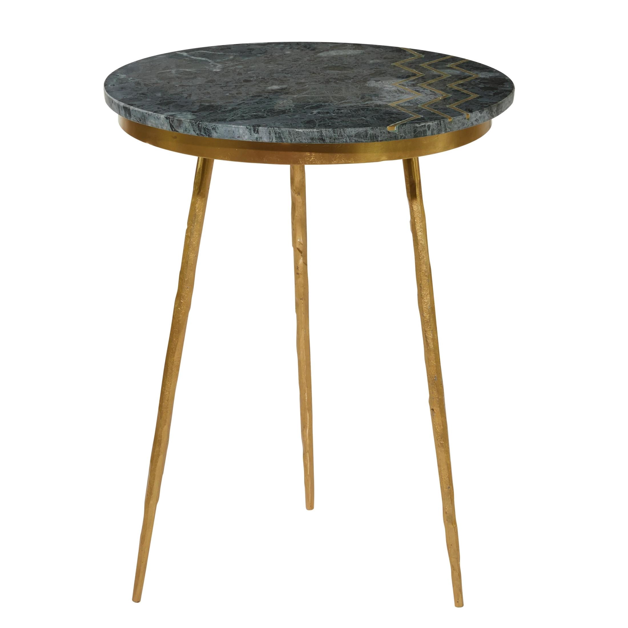 DecMode 16" x 20" Green Marble Accent Table with Gold Metal Tripod Legs and Zig-Zag Detail, 1-Piece