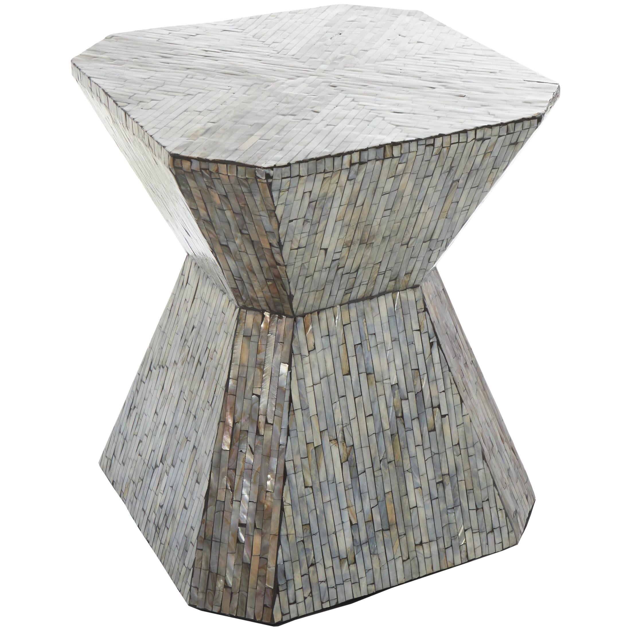 DecMode 16" x 20" Gray Mother of Pearl Shell Handmade Hourglass Geometric Accent Table with Linear Mosaic Pattern, 1-Piece