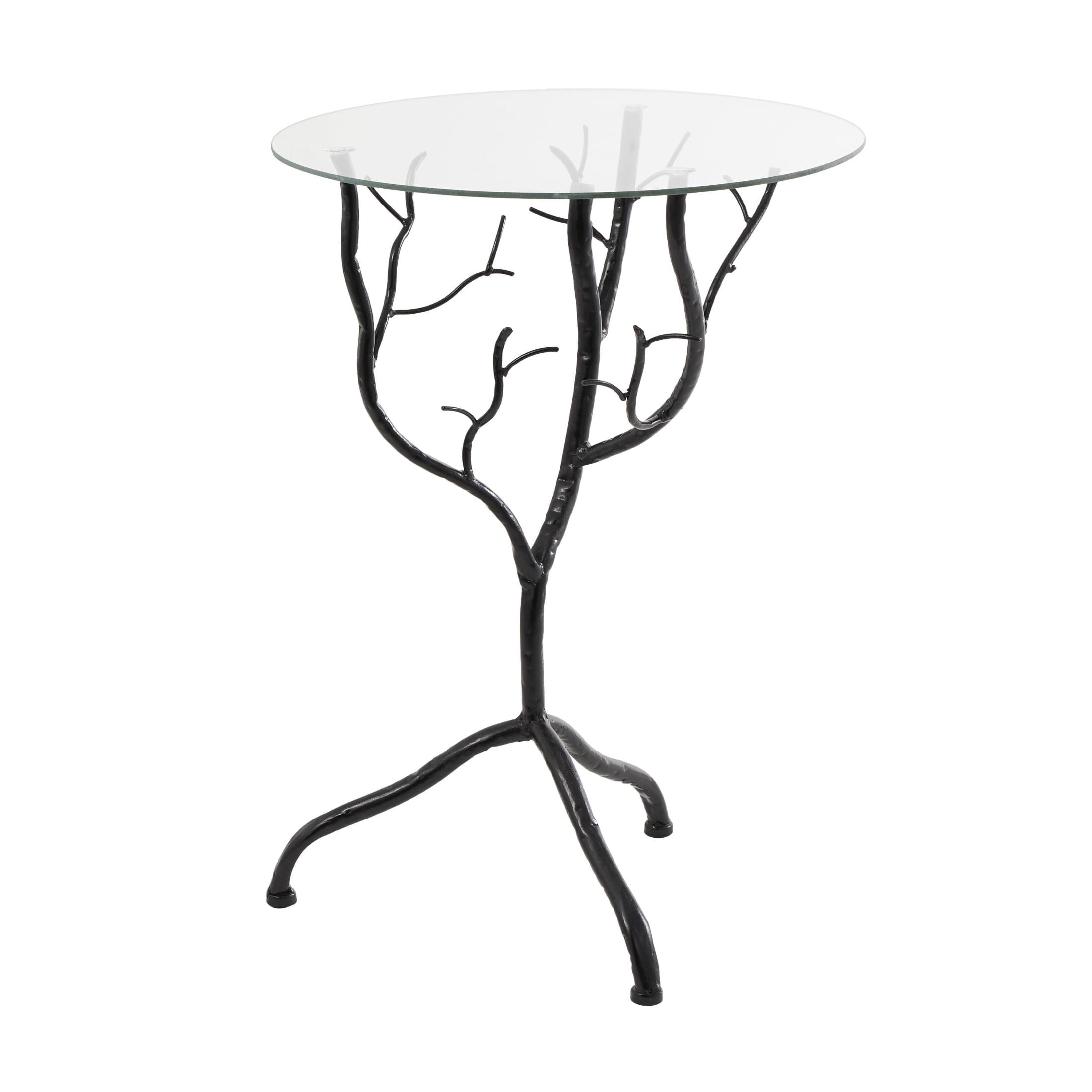 DecMode 16" x 22" Black Metal Branch Tree Accent Table with Tempered Glass Top, 1-Piece
