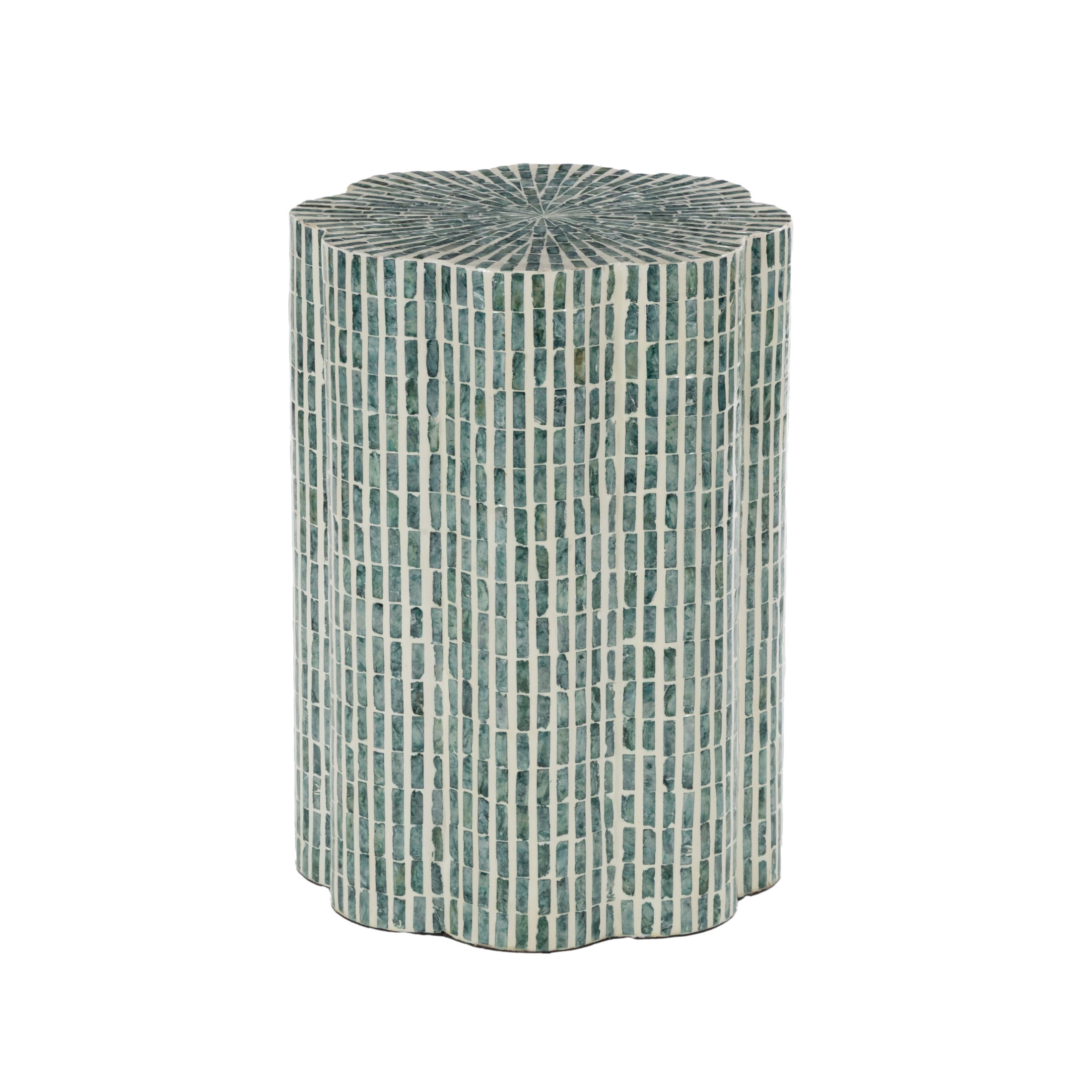 DecMode 16" x 22" Blue Capiz Shell Mosaic Inlay Accent Table with Floral Inspired Shape, 1-Piece