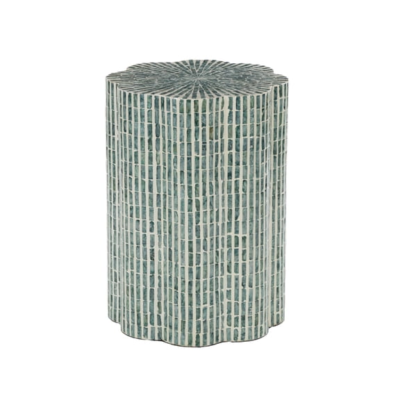 DecMode 16" x 22" Blue Capiz Shell Mosaic Inlay Accent Table with Floral Inspired Shape, 1-Piece
