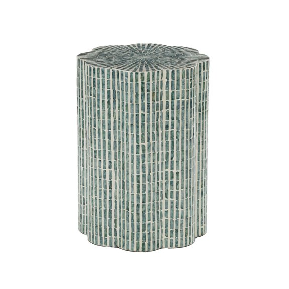 DecMode 16" x 22" Blue Capiz Shell Mosaic Inlay Accent Table with Floral Inspired Shape, 1-Piece