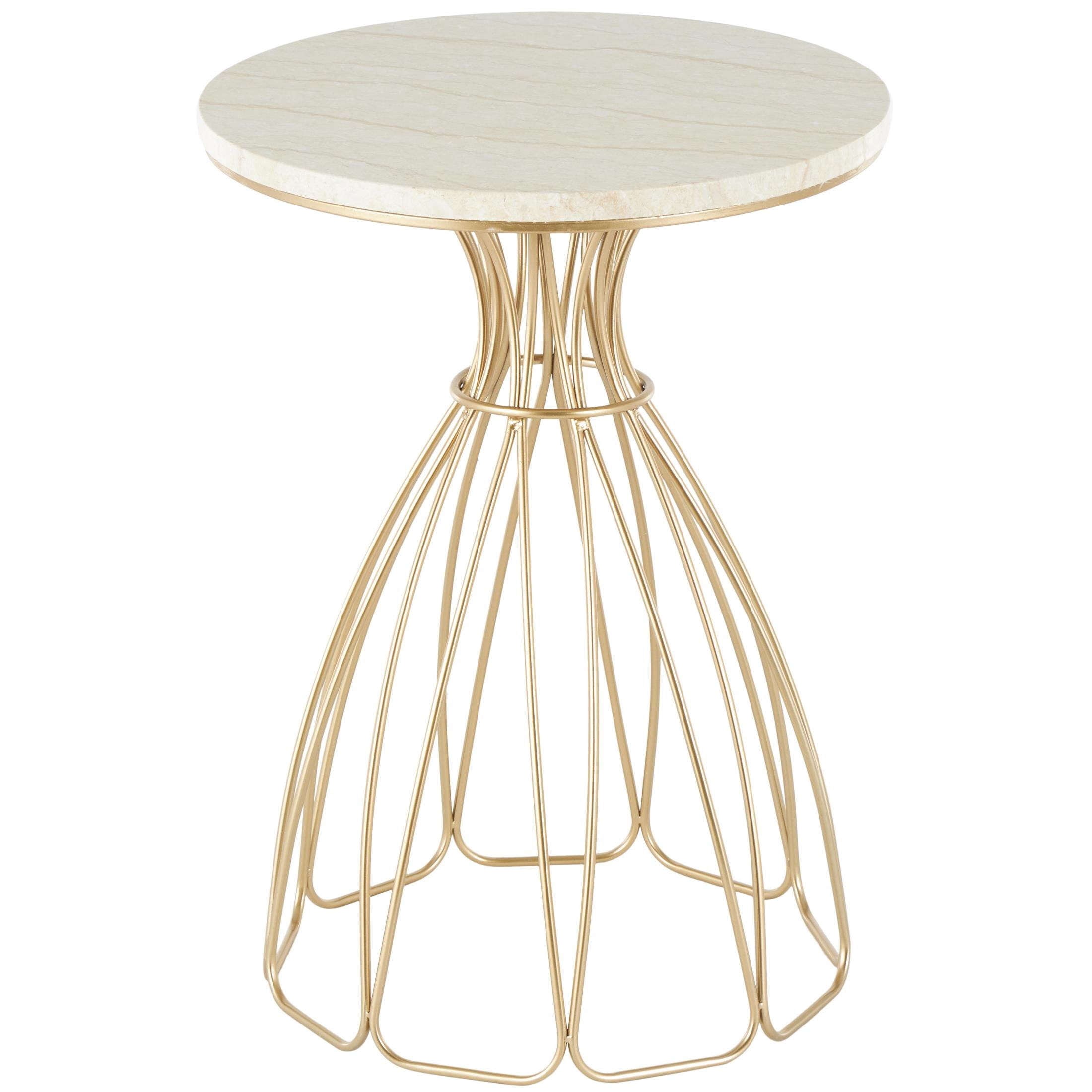DecMode 16" x 22" Gold Metal Flower Inspired Accent Table with Cream Marble Tabletop, 1-Piece