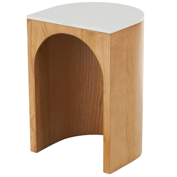 DecMode 16" x 23" Brown Wood Cutout Arch Accent Table with White Marble Tabletop, 1-Piece