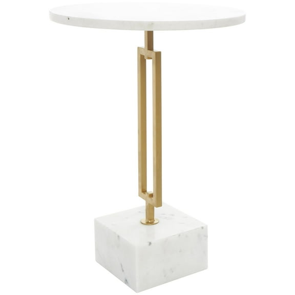 DecMode 16" x 23" White Marble Geometric Accent Table with Gold Metal Rectangular Stand, 1-Piece