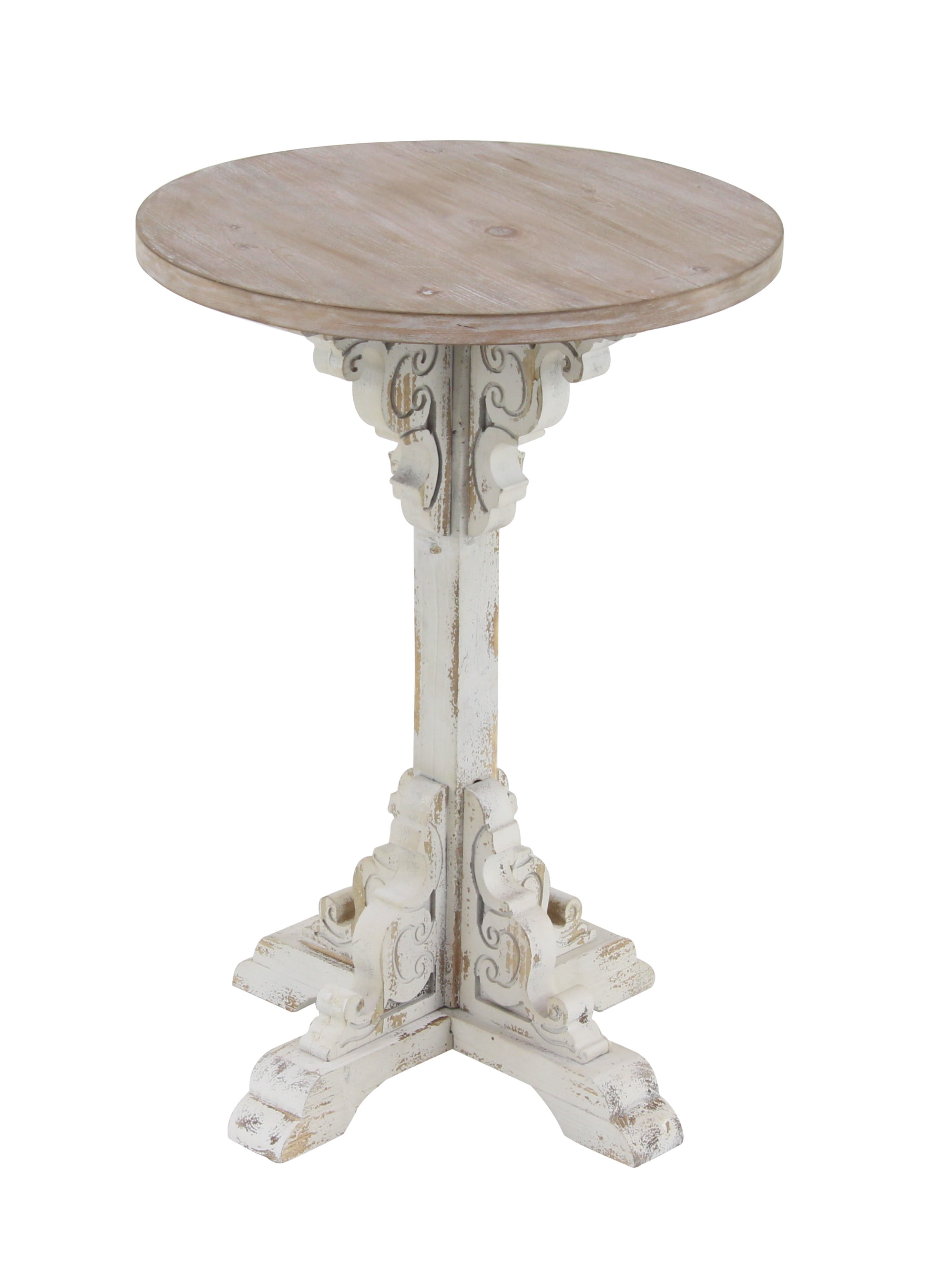 White and Beige Carved Wood Round Accent Table