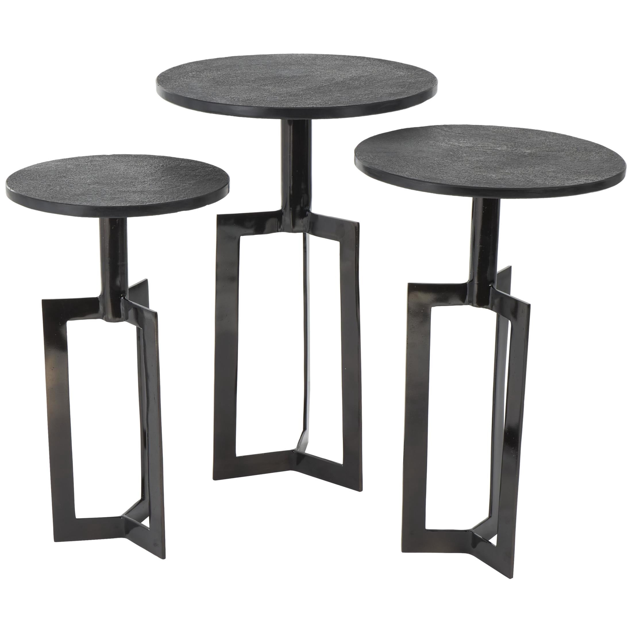 DecMode 16" x 24" Black Aluminum Metal Tripod Shaped Accent Table with Black Marble Tabletops, 3-Pieces