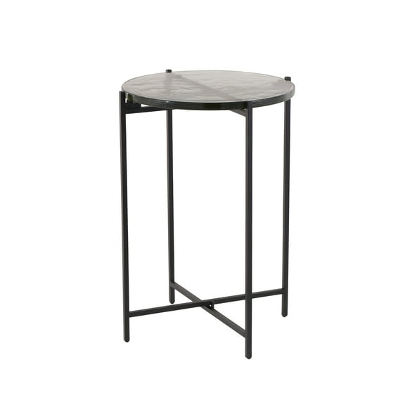 DecMode 16" x 24" Black Metal X-Shaped Accent Table with Textured Glass Tabletop, 1-Piece