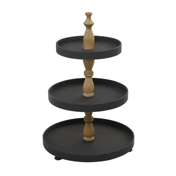 DecMode 16" x 24" Black Wood 3 Tiered Server with Wood Post, 1-Piece