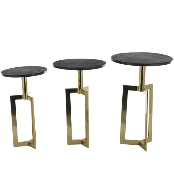DecMode 16" x 24" Gold Aluminum Metal Geometric Accent Table with Black Marble Tabletops, 3-Pieces