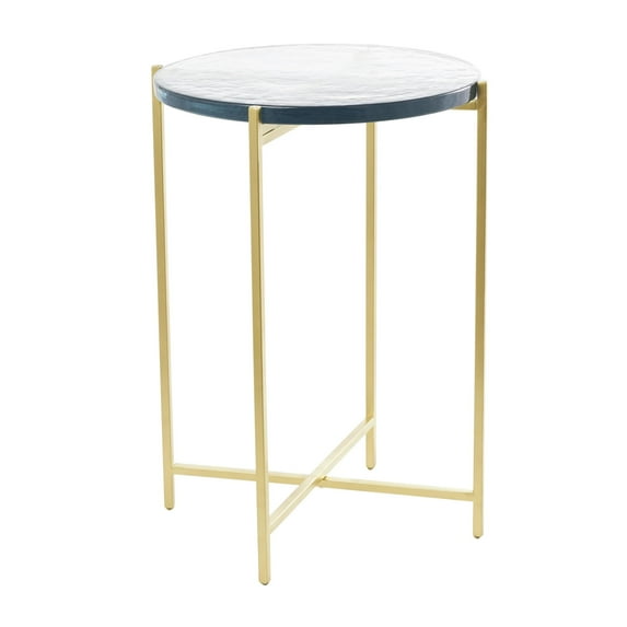 DecMode 16" x 24" Gold Metal X-Shaped Accent Table with Textured Glass Tabletop, 1-Piece