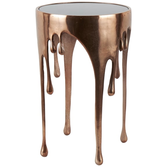 DecMode 16" x 25" Copper Aluminum Metal Drip Abstract Accent Table with Melting Designed Legs and Black Glass Top, 1-Piece