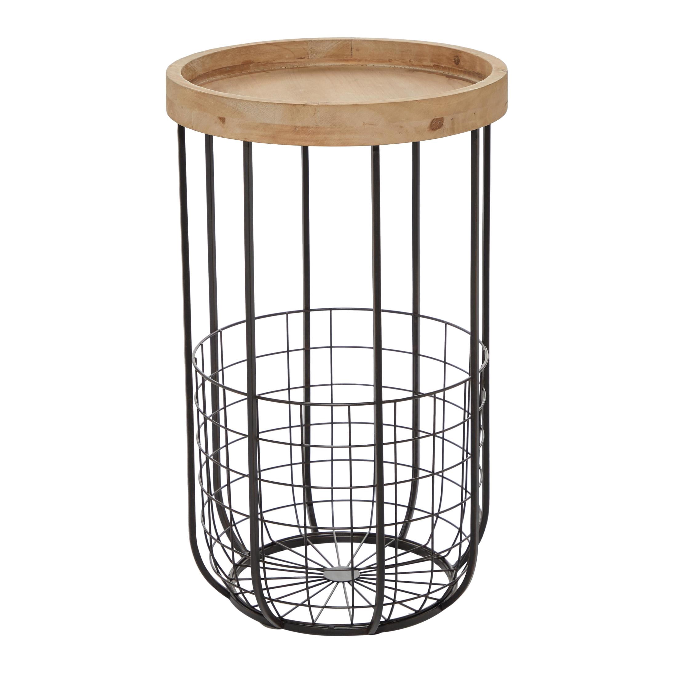 DecMode 16" x 26" Black Metal Wire Basket Storage Accent Table with Brown Wood Top, 1-Piece
