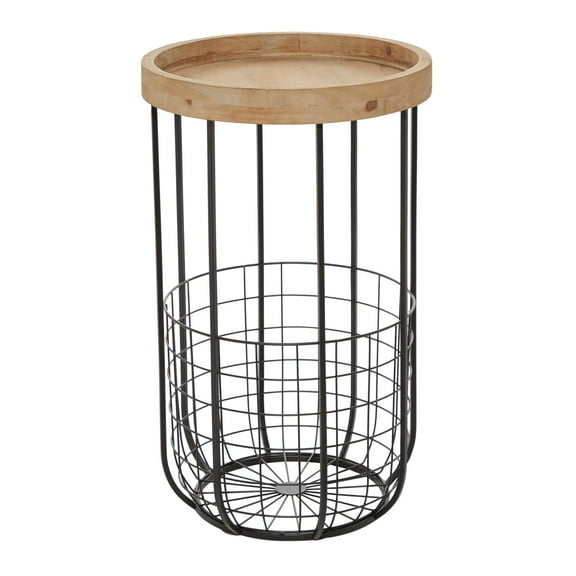 DecMode 16" x 26" Black Metal Wire Basket Storage Accent Table with Brown Wood Top, 1-Piece