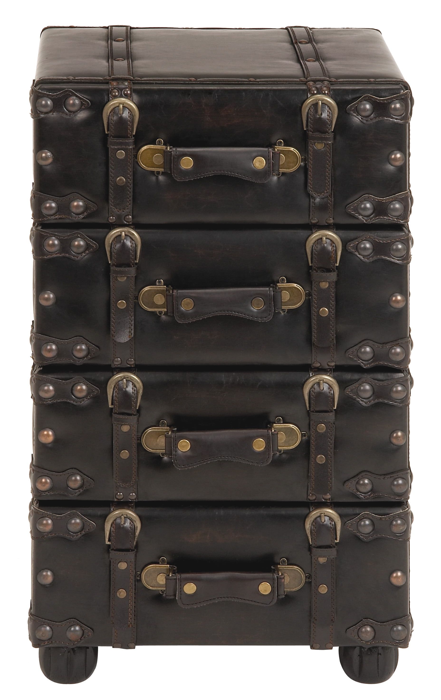 Black Vintage Faux Leather 4 Drawer Chest with Buckle Straps and Gold Studs