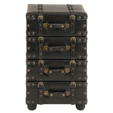 DecMode 16" x 28" Black Faux Leather Vintage Faux Leather 4 Drawer Chest with Buckle Straps and Stud Details, 1-Piece