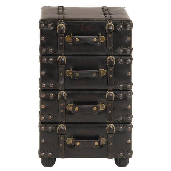 DecMode 16" x 28" Black Faux Leather Vintage 4 Drawer Chest with Buckle Straps and Gold Stud Details, 1-Piece