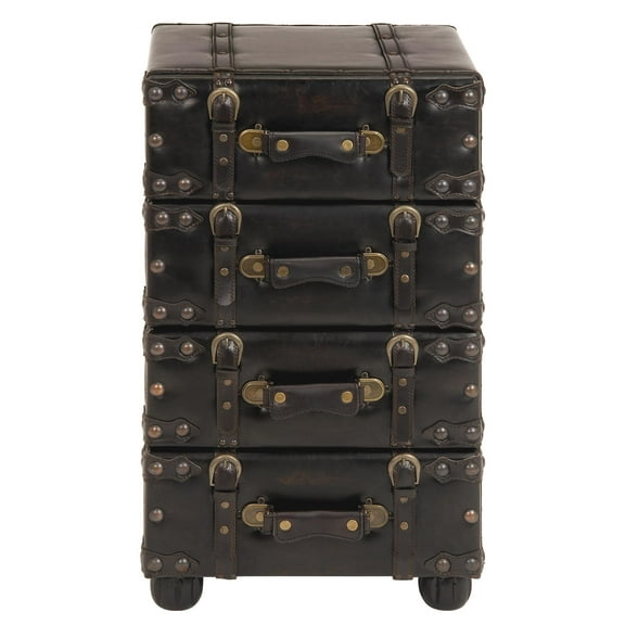 DecMode 16" x 28" Black Faux Leather Vintage 4 Drawer Chest with Buckle Straps and Gold Stud Details, 1-Piece
