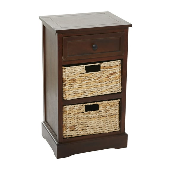 DecMode 16" x 28" Brown Wood 1 Drawer Storage Unit with 2 Wicker Basket Drawers, 1-Piece