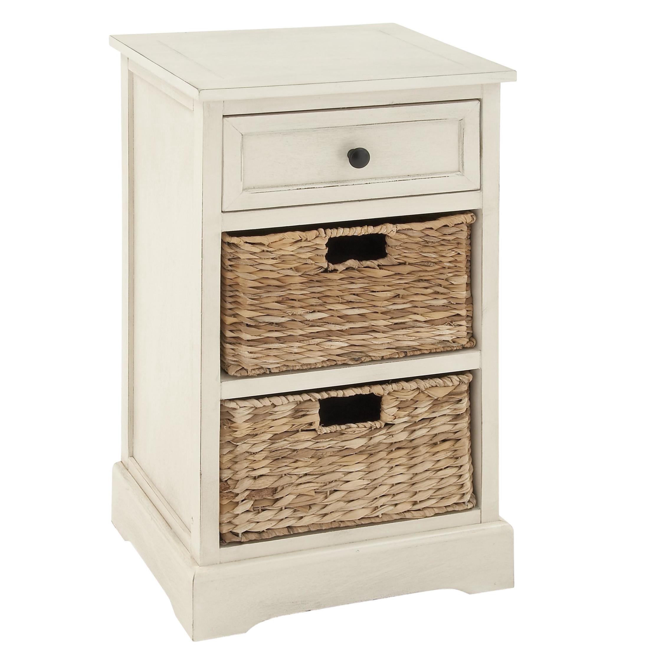 DecMode 16" x 28" Cream Wood 1 Drawer Storage Unit with 2 Wicker Basket Drawers, 1-Piece