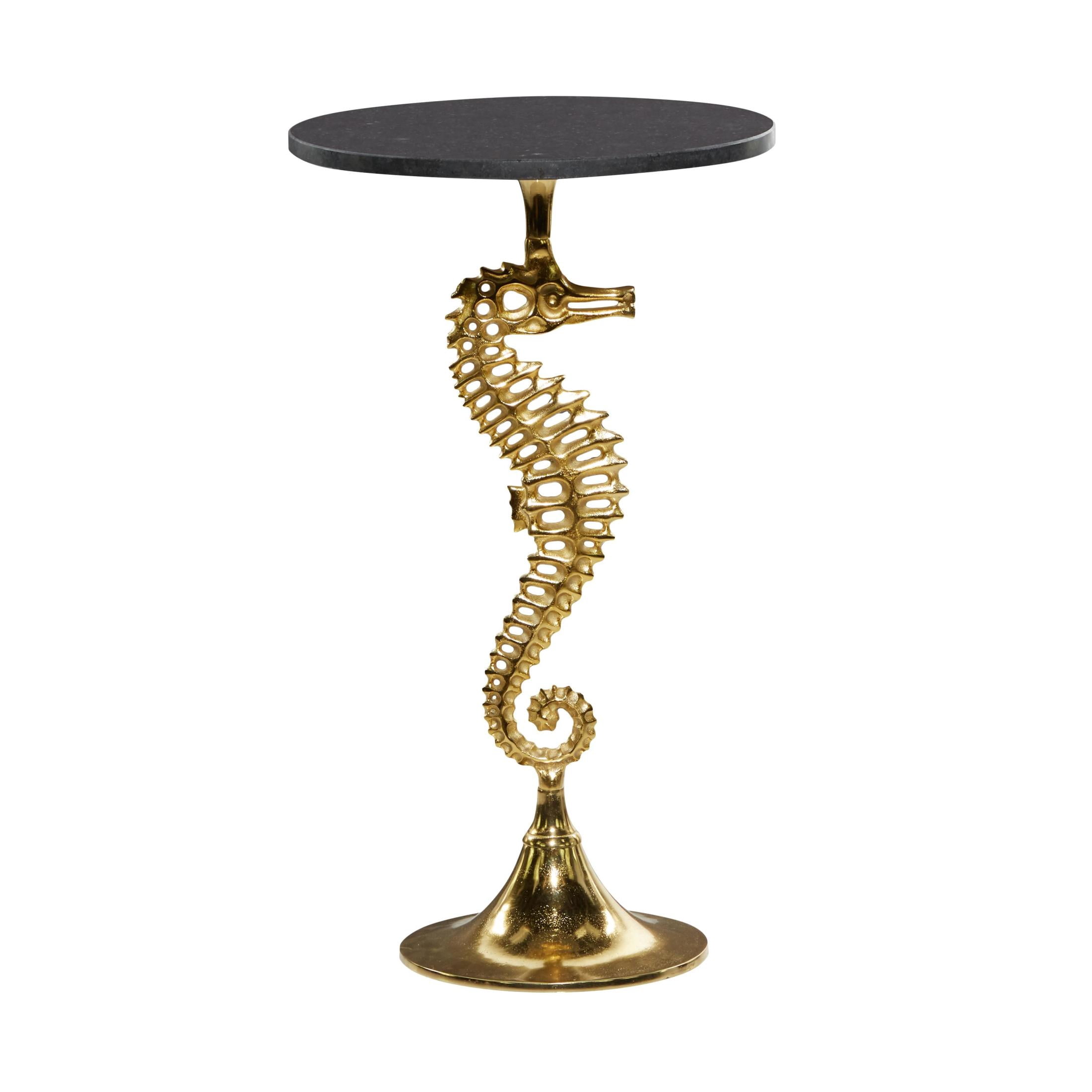 DecMode 16" x 28" Gold Aluminum Metal Pedestal Sea Horse Accent Table with Black Marble Tabletop, 1-Piece