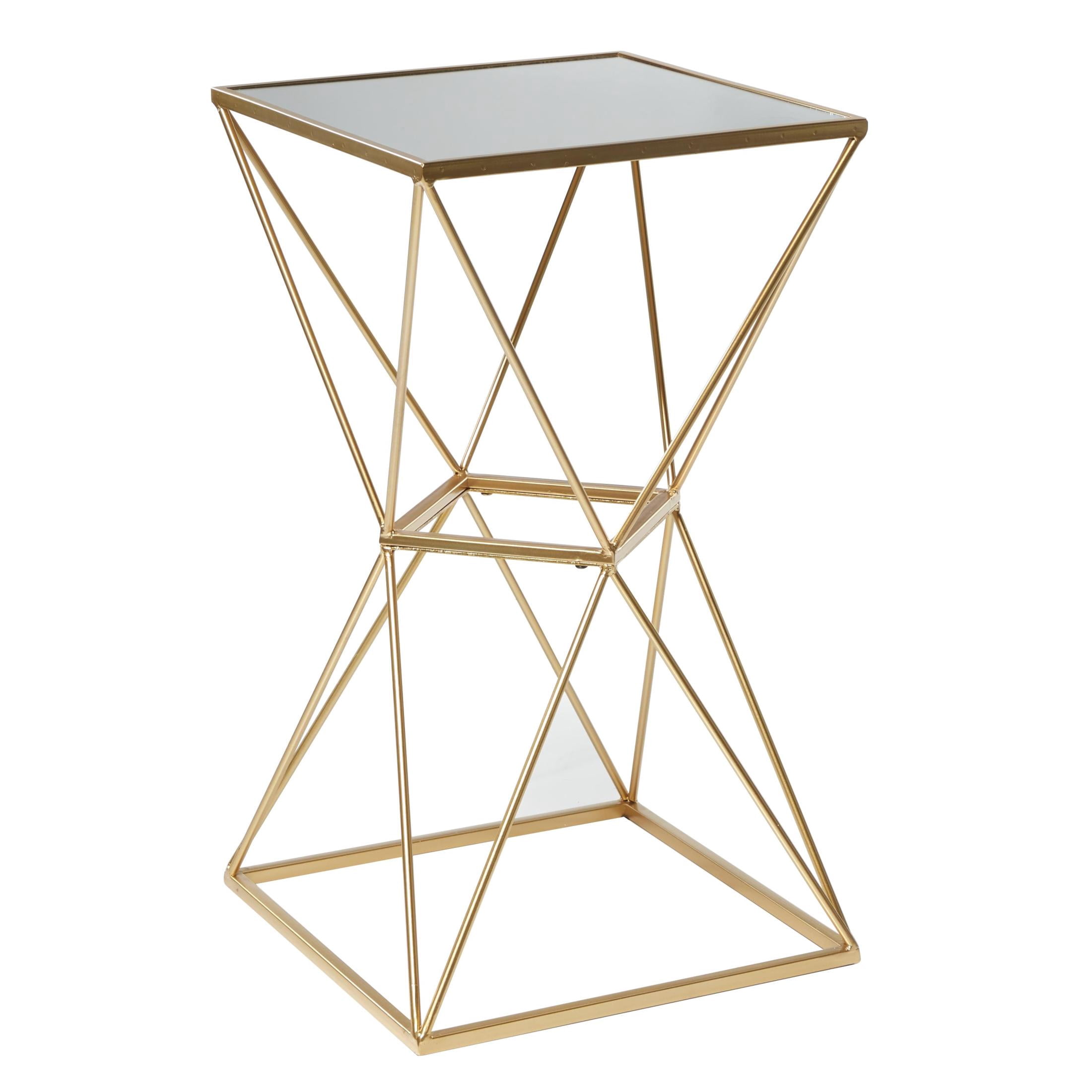 DecMode 16" x 28" Gold Metal Geometric Accent Table with Mirrored Glass Top, 1-Piece