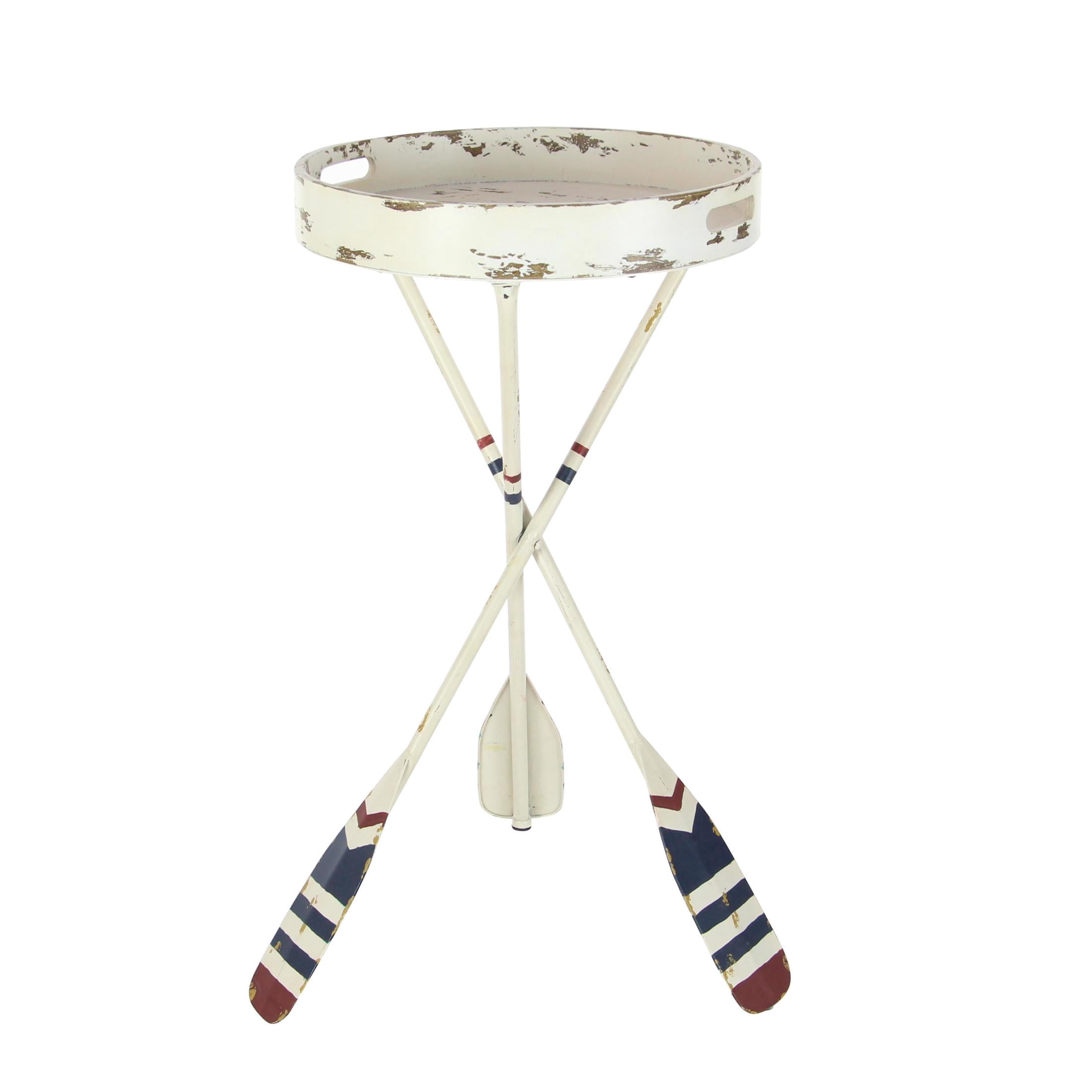 DecMode 16" x 28" White Metal Distressed Striped Paddle Accent Table with Navy and Red Striped Oar Legs, 1-Piece