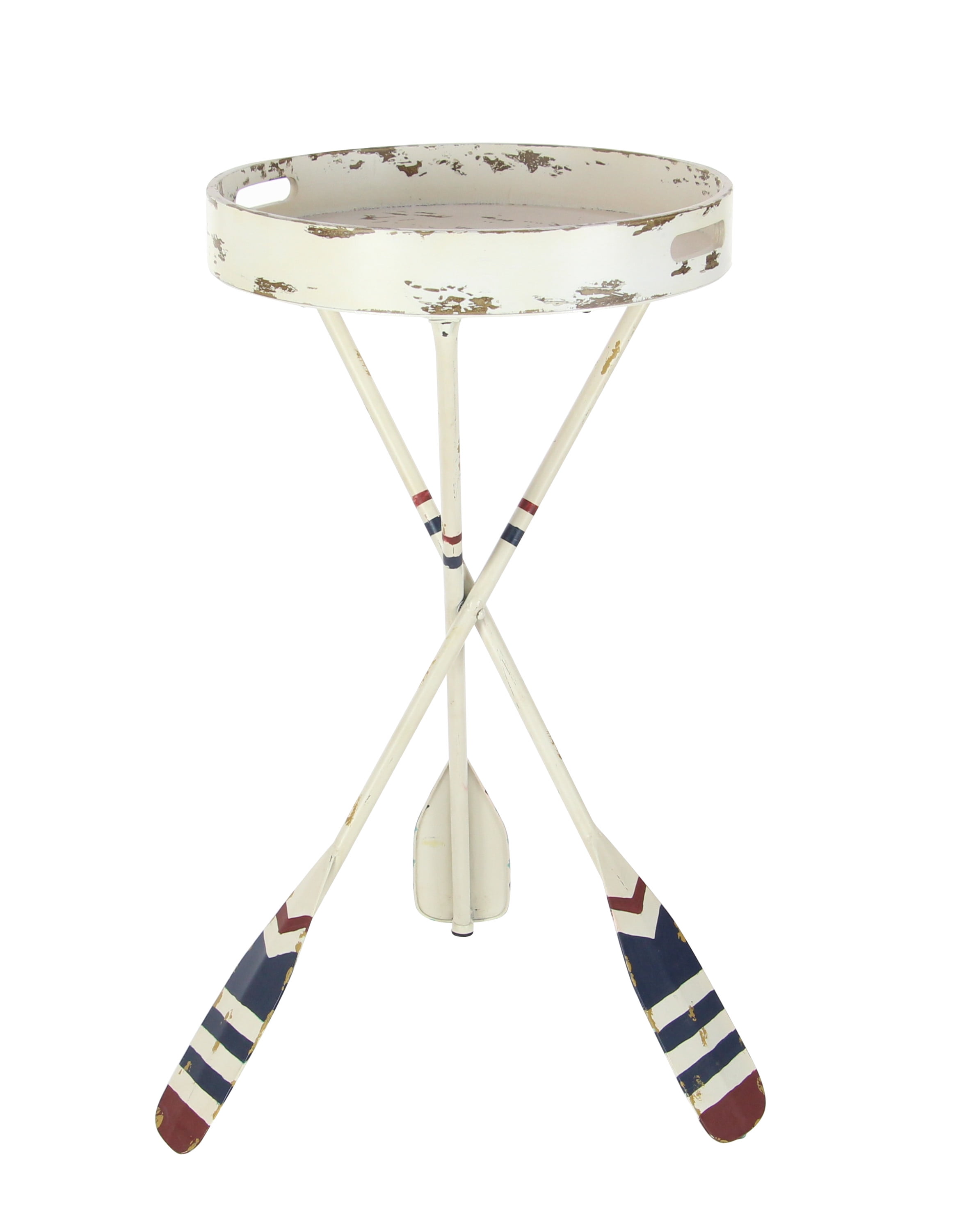 White Metal Ship Wheel Top Accent Table with Paddle Legs