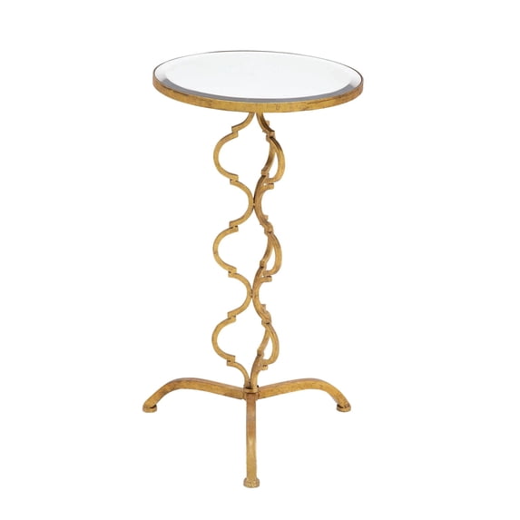 DecMode 16" x 30" Gold Metal Quatrefoil Design Accent Table with Mirrored Glass Top, 1-Piece
