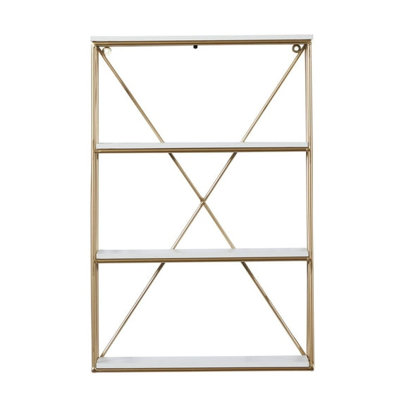 DecMode 16" x 4" 4-Tier Gold Wall Shelf with White Wooden Shelves