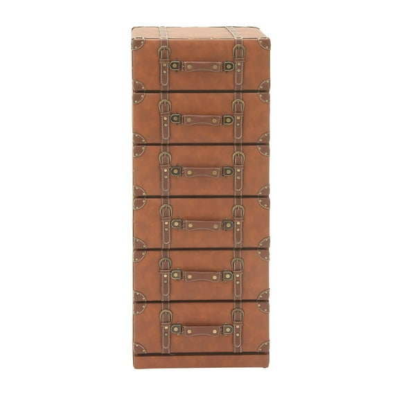 DecMode 16" x 42" Brown Wooden Faux Leather 6 Drawer Chest with Buckle and Strap Detailing, 1-Piece
