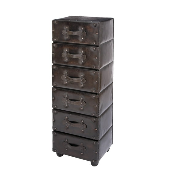 DecMode 16" x 50" Brown Wood Vintage Faux Leather 6 Drawer Chest with Rivets and Straps Detailing, 1-Piece