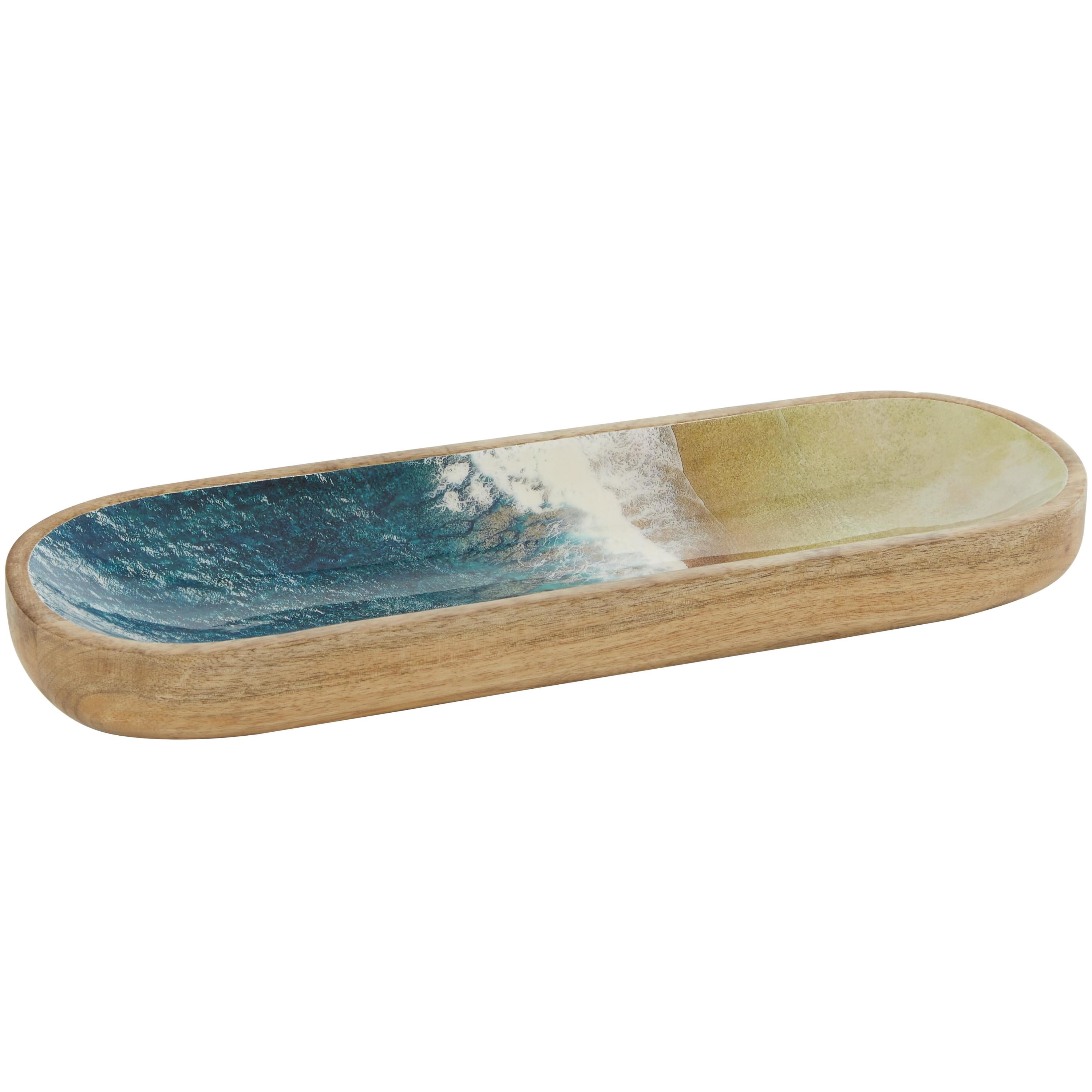 DecMode 16" x 6" Brown Mango Wood Handmade Ocean Inspired Tray with Colorful Enameled Interior, 1-Piece