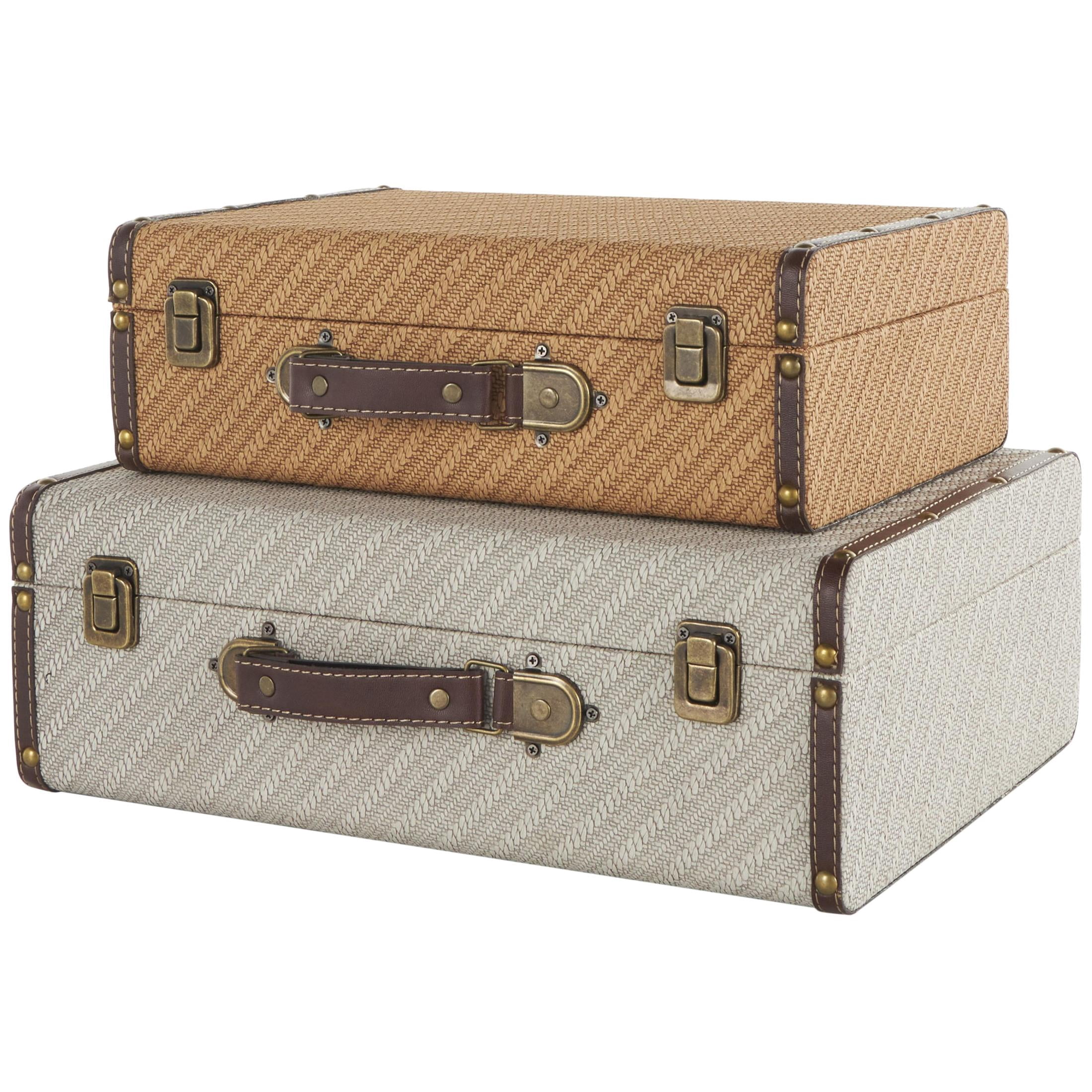 DecMode 14" x 5" Brown Wooden Vintage Studded Storage Trunk with Bronze Latches, 2-Pieces