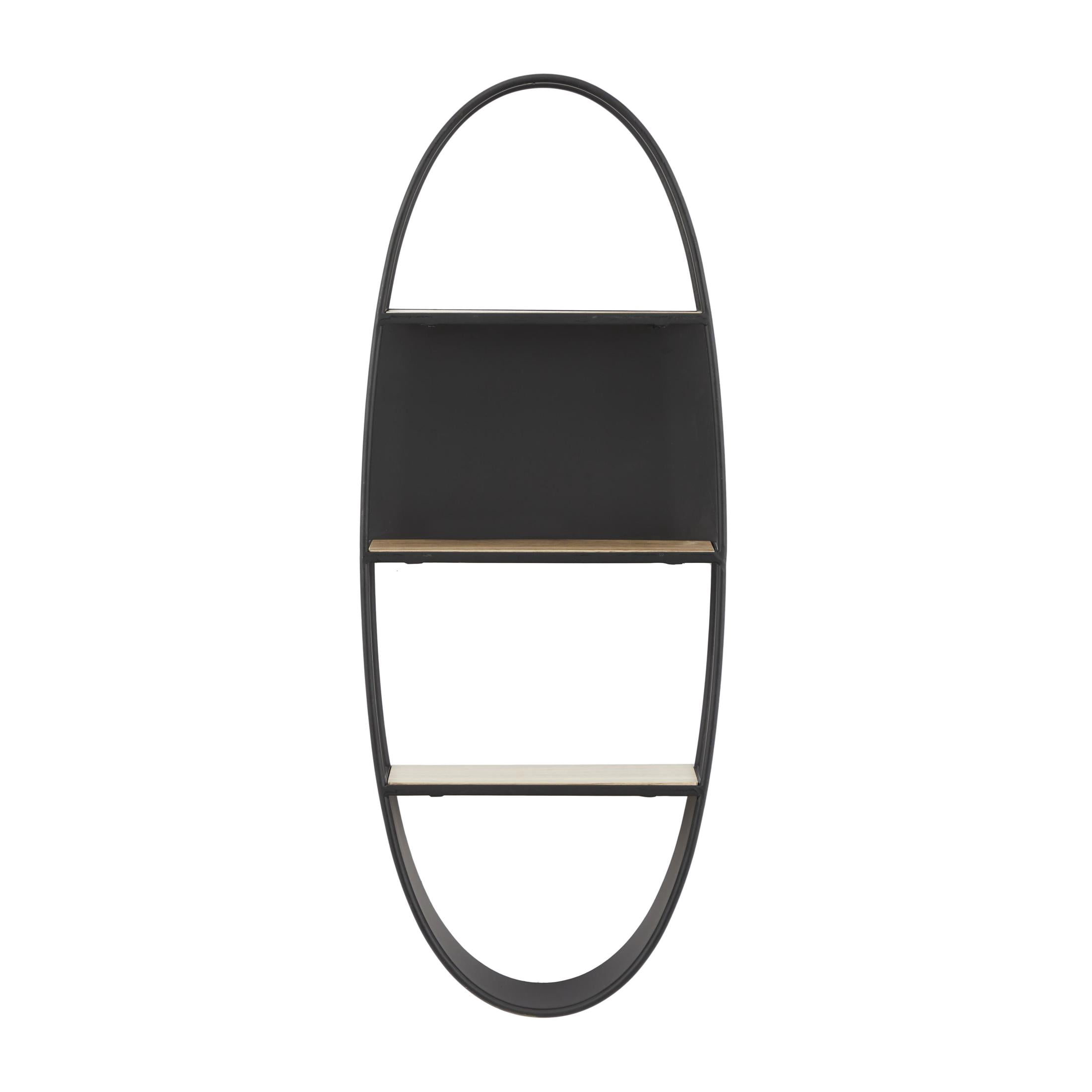 DecMode 16" x 6" Oval 2-Tier Black Wall Shelf with Wood Accents