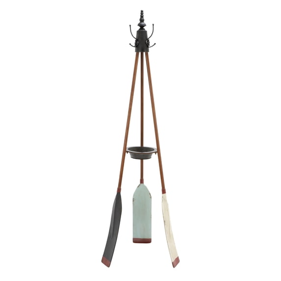 DecMode 16" x 69" Blue Metal Paddle Oar 3 Hook Coat Rack with Wooden Poles and Storage Tray, 1-Piece