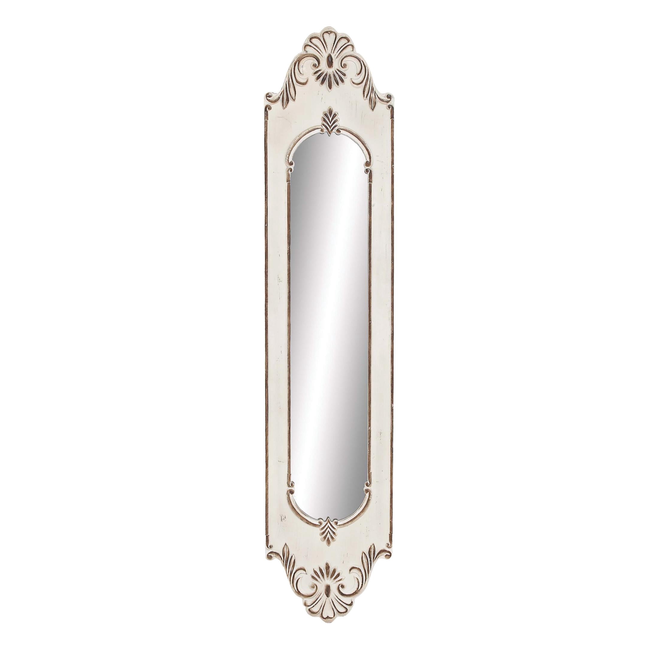 DecMode 16" x 72" White Slim Oval Vintage Style Floral Wall Mirror with Carved Brown Scrollwork