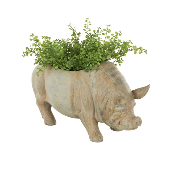 DecMode 16" x 8" Light Brown Resin Pig Planter with Distressed Details
