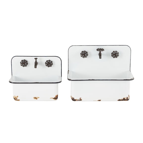 DecMode 17", 13"W Rectangle White Metal Sink Wall Planter with Bronze Hardware and Distressed Accents (2 Count)