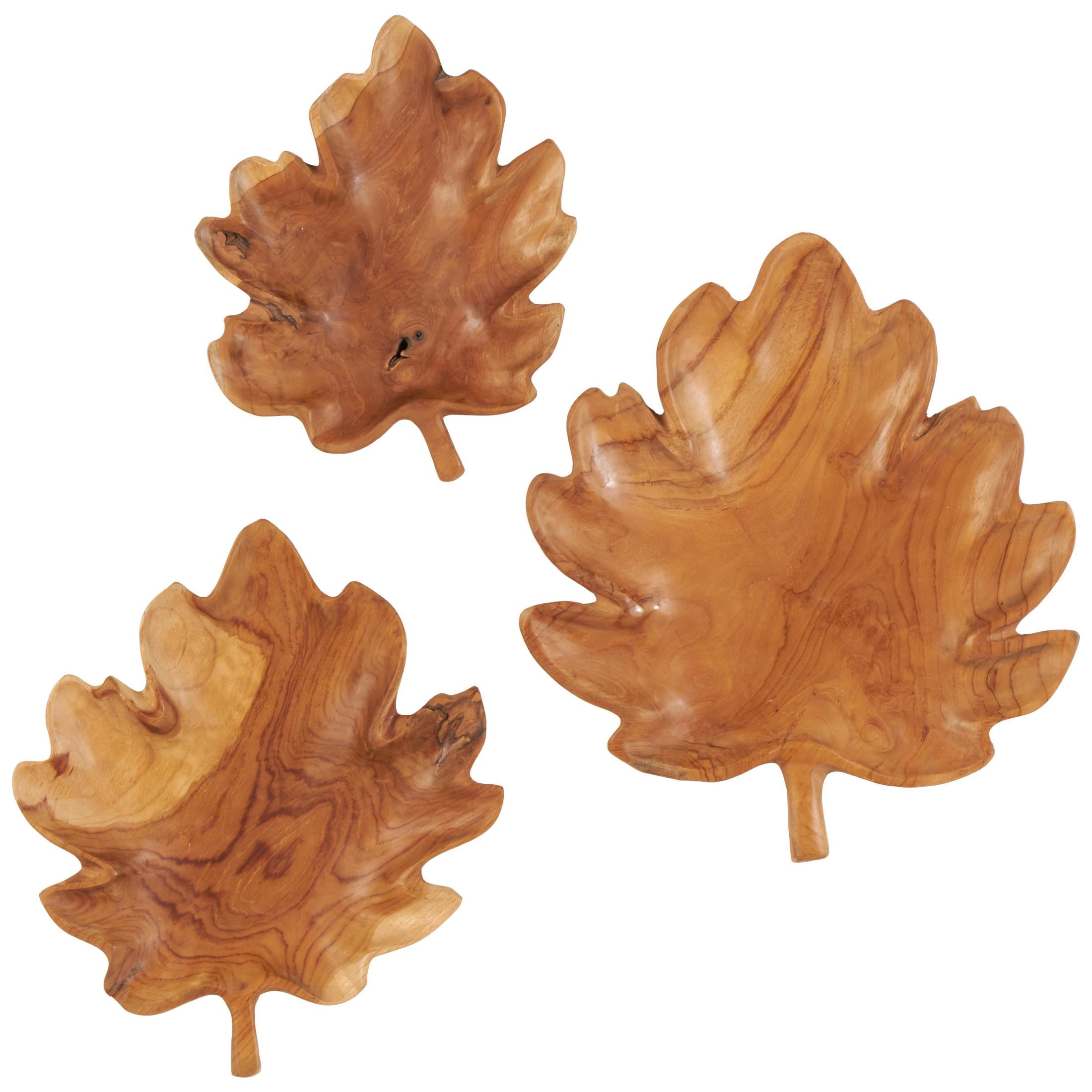 DecMode 17", 15", 13"H Brown Teak Wood Handmade Carved Leaf Tray, 3-Pieces